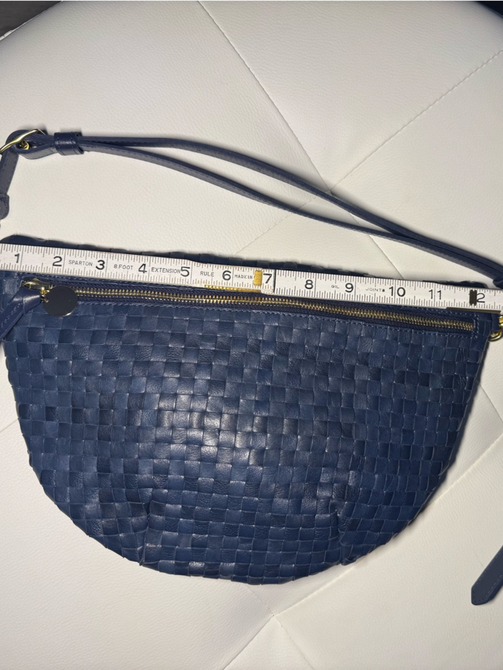 Clare V Moyen Woven Leather Crossbody Bag Blue Crescent Zip - Picture 8 of 9